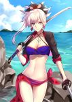  adapted_costume bikini blue_bikini blue_eyes blue_sky breasts cleavage commentary cowboy_shot criss-cross_halter cropped_jacket day dual_persona dual_wielding earrings eyebrows_visible_through_hair fate/grand_order fate_(series) halterneck highres holding horizon jacket jewelry katana looking_at_viewer magatama_necklace medium_breasts miyamoto_musashi_(fate/grand_order) navel open_clothes open_jacket outdoors over_shoulder pink_hair sarong shiguru short_ponytail single_sidelock sky smile solo swimsuit sword weapon weapon_over_shoulder 