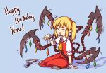  1girl :d ? ^_^ arm_support ascot blonde_hair blood bloody_weapon blue_background brooch chain closed_eyes commentary crystal defense_of_the_ancients dota_2 eighth_note english_commentary eyebrows_visible_through_hair fang flandre_scarlet flying_sweatdrops frilled_shirt_collar frills full_body hand_up happy_birthday holding jewelry musical_note no_hat no_headwear open_mouth petticoat pointy_ears pudge_(dota_2) puffy_short_sleeves puffy_sleeves red_skirt red_vest short_sleeves side_ponytail simple_background sitting skirt smile solo spoken_ellipsis spoken_musical_note spoken_question_mark touhou vest weapon wing_collar wings wool_(miwol) wrist_cuffs yellow_neckwear 