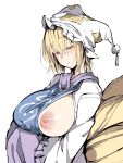  absurdres areolae blonde_hair blush breasts commentary_request dress eyebrows_visible_through_hair fox_tail hair_between_eyes hat head_tilt highres kz_oji large_areolae large_breasts long_sleeves looking_at_viewer multiple_tails nipples one_breast_out pillow_hat short_hair simple_background smile solo tabard tail touhou upper_body white_background white_dress white_hat wide_sleeves yakumo_ran yellow_eyes 