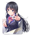  bangs black_hair black_jacket blazer blue_eyes blush bow bowtie braid closed_mouth collared_shirt congratulations dress_shirt eyebrows_visible_through_hair hair_ornament hairclip highres jacket long_hair long_sleeves looking_at_viewer nijisanji outstretched_arm pink_neckwear school_uniform shirt simple_background smile solo sweater tsukino_mito v very_long_hair virtual_youtuber white_background white_shirt yuuri_nayuta 