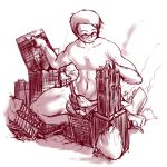  building city destruction erection giant glasses kneeling monochrome muscle slip smoke tongue_out yilx 
