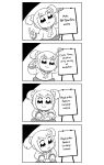  4koma :3 bangs bechno_kid bkub_(style) comic despicable_me display english eyebrows_visible_through_hair greyscale hair_ornament hair_scrunchie halftone index_finger_raised meme monochrome neckerchief parody poptepipic popuko sailor_collar school_uniform scrunchie serafuku shirt short_hair short_twintails simple_background skirt twintails two-tone_background two_side_up 