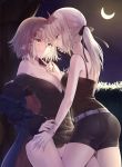  ahoge artoria_pendragon_(all) ass bangs bare_shoulders belt black_camisole black_dress black_ribbon black_shorts blonde_hair blue_coat breasts chinese_commentary cleavage closed_mouth coat collarbone commentary_request dress eyebrows_visible_through_hair fate/grand_order fate/stay_night fate_(series) fur-trimmed_coat fur_trim gogatsu_fukuin hair_between_eyes hair_ribbon hand_on_another's_hip highres hips jeanne_d'arc_(alter)_(fate) jeanne_d'arc_(fate)_(all) large_breasts long_hair looking_at_another medium_breasts moon multiple_girls night night_sky off_shoulder open_clothes open_coat open_dress ponytail ribbon saber_alter short_hair shorts silver_hair sky smile star thighs tree wicked_dragon_witch_ver._shinjuku_1999 yellow_eyes yuri 