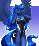  2018 absurd_res anthro blue_eyes blue_feathers blue_hair clothed clothing cutie_mark digital_media_(artwork) equine feathered_wings feathers female friendship_is_magic hair hi_res horn long_hair mammal my_little_pony mykegreywolf one-piece_swimsuit princess_luna_(mlp) solo spread_wings swimsuit winged_unicorn wings 