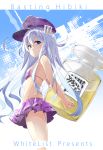  alcohol bikini blue_eyes blush bottle breasts commentary_request darou74 eyebrows_visible_through_hair flat_cap hair_between_eyes hat hibiki_(kantai_collection) highres kantai_collection long_hair looking_at_viewer purple_bikini silver_hair small_breasts solo swimsuit thighs very_long_hair 