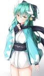  absurdres arm_guards bangs black_bow black_scarf blush bow breasts closed_mouth commentary_request cosplay cowboy_shot dragon_horns eyebrows_visible_through_hair fate/grand_order fate_(series) green_hair hair_between_eyes hair_bow hair_ornament hand_up haori head_tilt highres horns japanese_clothes kimono kiyohime_(fate/grand_order) koha-ace long_hair long_sleeves looking_at_viewer medium_breasts moyoron obi okita_souji_(fate) okita_souji_(fate)_(all) okita_souji_(fate)_(cosplay) ponytail sash scarf short_kimono short_ponytail simple_background smile solo v-shaped_eyebrows very_long_hair white_background white_kimono wide_sleeves yellow_eyes 