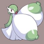  2018 areola big_breasts breasts female gardevoir green_hair green_nipples hair huge_breasts humanoid hyper hyper_breasts nintendo nipples not_furry petronoise pok&eacute;mon pok&eacute;mon_(species) red_eyes simple_background smile solo video_games white_skin 