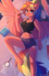  2018 4_toes absurd_res anthro bed book clothed clothing cutie_mark digital_media_(artwork) english_text fan_character feathered_wings feathers female fensu-san hair hi_res horn looking_at_viewer lying magnifying_glass multicolored_hair my_little_pony on_back rainbow_hair solo text toes wings 
