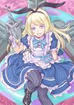  alice_(wonderland) alice_(wonderland)_(cosplay) alice_in_wonderland apron black_footwear black_hairband black_legwear blonde_hair blue_dress blue_eyes boots cannon cosplay dress gloves hairband highres jervis_(kantai_collection) kantai_collection kosai_takayuki long_hair look-alike looking_at_viewer machinery open_mouth pantyhose sitting smile solo turret white_gloves 