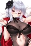  azur_lane bangs black_flower black_swimsuit bracelet breasts cleavage coat commentary_request crossed_bangs eyebrows_visible_through_hair flower fur-trimmed_coat fur_trim graf_zeppelin_(azur_lane) groin hair_between_eyes hair_flower hair_ornament hand_up jacket_on_shoulders jewelry kure_masahiro large_breasts long_hair looking_at_viewer messy_hair midriff navel navel_cutout one-piece_swimsuit parted_lips red_eyes revealing_clothes see-through sidelocks silver_hair sitting solo stomach swimsuit wrist_straps 