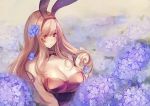  amane_ruri animal_ears blush breasts brown_eyes brown_hair bunny_ears bunny_girl bunnysuit cleavage flower hydrangea hydrangea_hair_ornament large_breasts long_hair original solo 