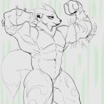  2018 3_fingers abs anthro biceps big_muscles canine claws clothing digimon digital_media_(artwork) flexing front_view grey_background greyscale grin growth lips looking_at_viewer male mammal monochrome muscle_growth muscular muscular_male navel neck_tuft nude pecs portrait renamon simple_background smile solo standing strikeanywhere teeth thick_thighs three-quarter_portrait torn_clothing tuft 
