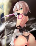  ass bandaged_arm bandages black_panties breasts commentary cowboy_shot dual_wielding facial_scar fate/apocrypha fate/grand_order fate_(series) from_behind green_eyes holding jack_the_ripper_(fate/apocrypha) knife kuzya looking_at_viewer looking_back panties scar scar_across_eye scar_on_cheek shiny shiny_hair shiny_skin short_hair shoulder_tattoo silver_hair small_breasts solo standing tattoo underwear 