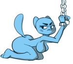  2018 anthro big_breasts blue_fur bound breasts cartoon_network cat deridere feline female frown fur kneeling leaning leaning_forward looking_back mammal mature_female nicole_watterson nude raised_tail simple_background solo the_amazing_world_of_gumball whiskers white_background 