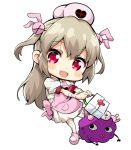  &gt;_&lt; :d apron armband bandaged_arm bandages bangs blush bow bunny_hair_ornament chibi ekakibito eyebrows_visible_through_hair fang first_aid_kit hair_between_eyes hair_ornament hat head_tilt heart holding light_brown_hair long_hair looking_at_viewer natori_sana nurse_cap open_mouth pink_apron pink_bow pink_footwear pink_hat pleated_skirt puffy_short_sleeves puffy_sleeves red_eyes saana-kun sana_channel shirt short_sleeves simple_background skirt smile standing standing_on_one_leg thighhighs two_side_up very_long_hair virtual_youtuber white_background white_legwear white_shirt white_skirt 