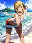  2018 bangs bare_arms bare_shoulders beach belt bent_over bird blonde_hair breasts butt_crack capcom cleavage cloud cloudy_sky collarbone commentary_request crop_top dated feet_out_of_frame flock full_moon green_eyes hand_on_own_knee head_tilt highres index_finger_raised lips long_hair medium_breasts midriff moon navel ocean one_eye_closed outdoors rockman rockman_dash roll_caskett sakuraba_hiro sand shirt short_shorts shorts signature sky sleeveless sleeveless_shirt smile solo summer water waves white_shirt 