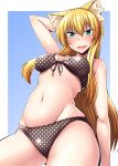  animal_ears aqua_eyes arm_up bikini blonde_hair breasts cat_ears fang from_below highres long_hair looking_at_viewer medium_breasts nokoppa open_mouth original simple_background solo standing swimsuit 