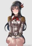  anchor asashio_(kantai_collection) beret black_hair blush breasts buttons closed_mouth commentary cosplay epaulettes eyebrows_visible_through_hair gloves grey_background grey_eyes hat juurouta kantai_collection kashima_(kantai_collection) kashima_(kantai_collection)_(cosplay) kerchief long_hair long_sleeves looking_at_viewer military military_jacket military_uniform miniskirt naval_uniform pleated_skirt red_neckwear simple_background sitting skirt small_breasts solo twitter_username uniform white_gloves 