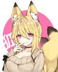  :3 animal_ears bangs blonde_hair blush breasts brown_sweater byulzzimon cleavage closed_mouth collarbone eyebrows_visible_through_hair fox_ears fox_girl fox_tail hair_between_eyes hand_to_own_mouth kitsune large_breasts long_hair long_sleeves looking_at_viewer mole mole_under_eye multiple_tails original sleeves_past_wrists solo sweater tail two_tails very_long_hair 