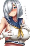  adapted_costume blue_eyes blush breasts commentary covered_nipples crop_top gloves hair_ornament hair_over_one_eye hairclip hamakaze_(kantai_collection) kantai_collection large_breasts looking_at_viewer neckerchief no_bra shirt silver_hair simple_background sleeveless sleeveless_shirt solo terakoya translated white_background white_gloves white_shirt yellow_neckwear 