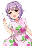  :3 :d bangs blush brown_eyes cinderella_girls_gekijou collarbone commentary dress eyebrows_visible_through_hair floral_print hair_flaps hand_up heart idolmaster idolmaster_cinderella_girls koshimizu_sachiko leaning_to_the_side looking_at_viewer momoda_yasuhito open_mouth pink_dress print_dress purple_hair simple_background smile solo white_background 