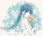  artist_name bangs bare_arms bare_shoulders black_hair blunt_bangs brown_eyes dated dress eyebrows_visible_through_hair floral_background flower flower_request frilled_dress frills from_side green hair_ribbon hiten_(hitenkei) holding holding_flower leaf long_hair looking_back orange_flower orange_ribbon original pale_color ribbon solo tareme upper_body white_dress 