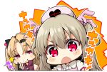  &gt;_&lt; :o akatsuki_yuni apron bangs black_gloves blonde_hair blush bunny_hair_ornament chibi collared_shirt crossover ekakibito eyebrows_visible_through_hair fang gloves hair_between_eyes hair_ornament hat heart light_brown_hair looking_at_viewer multiple_girls natori_sana nurse_cap open_mouth parted_bangs partly_fingerless_gloves pink_apron pink_hat red_eyes red_shirt sana_channel shirt sleeveless sleeveless_shirt sparkle translation_request two_side_up uni_channel v-shaped_eyebrows virtual_youtuber white_shirt 