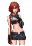  absurdres bangs belt black_gloves black_shorts blue_eyes braid commentary cuffed english_commentary finger_to_chin fingerless_gloves gloves hair_between_eyes highres jungon_kim kurosaki_mea long_hair looking_at_viewer navel red_hair shorts solo to_love-ru 