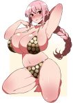  alternate_breast_size arm_behind_head armpits bare_shoulders bikini blush braid breasts cleavage collarbone commentary_request eyebrows_visible_through_hair full-face_blush full_body highres huge_breasts kneeling komusou_(jinrikisha) long_hair looking_at_viewer navel one_piece parted_lips pink_eyes pink_hair pink_skin polka_dot polka_dot_bikini raised_eyebrows rebecca_(one_piece) shiny shiny_skin sidelocks simple_background single_braid skindentation solo strap_gap sweat swimsuit thighs very_long_hair white_background 