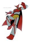  arm_blade cape character_name commentary copyright_name flying getter-1 getter_robo glowing glowing_eyes harukon_(halcon) highres mecha no_humans super_robot weapon white_background 