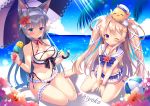  ;3 animal_ears bangs bare_shoulders beach bikini bikini_skirt black_bikini black_bow blonde_hair blue_bow blue_eyes blue_sky blurry blurry_foreground blush bow bow_bikini bracelet breasts cat_ears cat_tail choker cleavage closed_mouth cloud cloudy_sky collarbone day depth_of_field double_scoop eyebrows_visible_through_hair flat_chest flower food frilled_bikini frills grey_hair hair_between_eyes hair_bow hair_flower hair_ornament hair_ribbon hairband hat hibiscus highres holding holding_food holding_umbrella horizon ice_cream ice_cream_cone jewelry large_breasts leg_garter long_hair looking_at_viewer multiple_girls nail_polish navel ocean one_eye_closed orange_flower original outdoors palm_tree pink_flower purple_eyes red_flower red_nails ribbon sailor_bikini sailor_collar shiny shiny_skin side-tie_bikini silver_hair sky sparkle sweatdrop swimsuit tail tougetsu_hajime tree two_side_up umbrella water wet white_bow white_choker white_hairband white_hat white_ribbon 