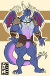  2018 abs anthro armor belt biceps big_muscles blue_scales bubba_(spyro) claws clothed clothing dragon eltravis featureless_crotch horn male muscular navel one_eye_closed partially_clothed pecs presenting scales simple_background smile solo spyro_reignited_trilogy spyro_the_dragon standing thick_tail video_games wings wink yellow_eyes 