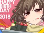  2018 :q akiyama_yukari anglerfish artist_name bangs brown_eyes brown_hair cake close-up closed_mouth commentary dated english eyebrows_visible_through_hair food fruit girls_und_panzer half-closed_eyes happy_birthday highres holding messy_hair plate red_background shiroobi_(whitebeltmaster) short_hair smile solo strawberry tongue tongue_out v-shaped_eyebrows watermark 