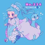  altaria bag blue_background blue_bow blue_eyes blush_stickers bow character_name earrings fur_trim hair_bow handbag high_ponytail jewelry mameeekueya moemon personification poke_ball pokemon pokemon_(creature) sandals sidelocks simple_background smile standing striped white_legwear 