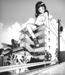  black_hair building child from_below giantess lasto long_hair looking_down monochrome sitting smile street 