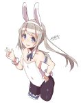  :d animal_ears arm_garter bangs bare_shoulders black_legwear blue_ribbon blush bunny_ears bunnysuit cropped_legs dated detached_collar eyebrows_visible_through_hair fake_animal_ears hand_on_hip hand_up leaning_forward leotard long_hair looking_at_viewer maze_(gochama_ze_gohan) neck_ribbon open_mouth original pantyhose purple_eyes ribbon signature silver_hair simple_background sketch smile solo strapless strapless_leotard very_long_hair white_background white_collar white_leotard wrist_cuffs 