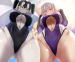  arms_up ass_visible_through_thighs black_leotard blonde_hair blue_eyes blue_leotard blush braid breasts center_opening commentary_request elbow_gloves fate/grand_order fate_(series) from_below gloves headpiece highleg highleg_leotard hips jeanne_d'arc_(alter)_(fate) jeanne_d'arc_(fate) jeanne_d'arc_(fate)_(all) large_breasts leotard long_hair looking_at_viewer looking_down multiple_girls navel pale_skin parasol parted_lips short_hair silver_hair smile sunlight thighs umbrella underboob untsue yellow_eyes 