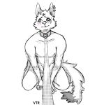  balls bdsm black_and_white blush bondage bound canid canine canis collar girly humanoid leash mammal monochrome piercing submissive wolf 