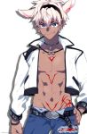  adonis_belt alternate_costume animal_ears areola_slip areolae caenis_(fate) cropped_jacket dark_skin dark_skinned_male dog_tags drop_shadow fang fate/grand_order fate_(series) genderswap genderswap_(ftm) hairband hand_on_hip highres jacket jewelry karasumaru male_focus necklace simple_background solo tattoo twitter_username white_background white_hair white_jacket 