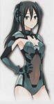  1girl black_eyes black_hair bodysuit breasts cleavage cleavage_cutout closed_mouth date_a_live female hair_between_eyes headgear kusakabe_ryouko kusakabe_ryouko_(date_a_live) leotard long_hair looking_at_viewer mecha_musume medium_breasts ponytail revealing_clothes serious solo standing 