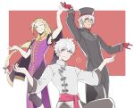  ? alternate_hairstyle antonio_salieri_(fate/grand_order) blonde_hair braid charles_henri_sanson_(fate/grand_order) chinese_clothes commentary fate/grand_order fate_(series) gloves hat kneeling long_hair long_sleeves male_focus mocollie multiple_boys pose red_background red_gloves silver_hair simple_background single_braid spoken_question_mark white_hair wolfgang_amadeus_mozart_(fate/grand_order) 