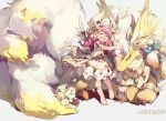  1girl animal bangs barefoot cotton_(p&amp;d) dragon dress drill_hair eyes_closed hat hug long_hair monster multiple_tails open_mouth pink_hair puzzle_&amp;_dragons short_sleeves smile tail tennohi wings 