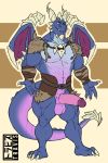  2018 abs anthro armor balls belt biceps big_muscles big_penis blue_scales bubba_(spyro) claws clothed clothing dragon eltravis erection featureless_crotch horn humanoid_penis male muscular navel one_eye_closed partially_clothed pecs penis presenting scales simple_background smile solo spyro_reignited_trilogy spyro_the_dragon standing thick_tail video_games wings wink yellow_eyes 