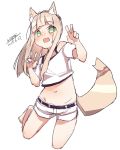 :d animal_ears bangs bare_shoulders belt black_belt blush cropped_legs dated double_v eyebrows_visible_through_hair fang fox_ears fox_girl fox_tail green_eyes hands_up light_brown_hair long_hair maze_(gochama_ze_gohan) midriff navel off-shoulder_shirt open_mouth original shirt short_shorts short_sleeves shorts signature simple_background sketch smile solo standing standing_on_one_leg tail tail_raised v white_background white_shirt white_shorts 