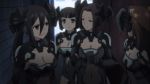  4girls black_eyes black_hair bodysuit breasts cleavage cleavage_cutout clenched_teeth date_a_live female hair_between_eyes headgear kusakabe_ryouko kusakabe_ryouko_(date_a_live) long_hair looking_at_another mecha_musume medium_breasts multiple_girls parted_lips ponytail revealing_clothes serious teeth 