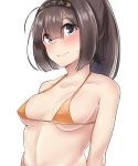  1girl absurdres akizuki_(kantai_collection) bikini black_hair blush breasts closed_mouth commentary_request grey_eyes hair_between_eyes hair_flaps hair_ornament headband highres kantai_collection kiritto looking_at_viewer medium_breasts ponytail simple_background solo swimsuit white_background yellow_bikini 