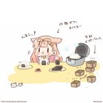  blonde_hair blush chibi commentary_request eating food food_on_face hair_flaps hair_ornament hair_ribbon hairclip kantai_collection long_hair lowres momoniku_(taretare-13) onigiri remodel_(kantai_collection) ribbon rice_cooker simple_background solid_oval_eyes solo translated twitter_username watermark web_address white_background yuudachi_(kantai_collection) 