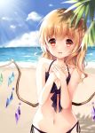  alternate_costume bangs beach bikini black_bikini blonde_hair blue_sky breasts cleavage cloud collarbone commentary crystal day eyebrows_visible_through_hair flandre_scarlet front-tie_bikini front-tie_top hair_between_eyes hands_on_own_chest hands_together highres horizon leaning_to_the_side looking_at_viewer lowleg lowleg_bikini mumu-crown navel ocean open_mouth outdoors parted_lips red_eyes shadow side-tie_bikini side_ponytail sky small_breasts solo swimsuit touhou tree_branch upper_body wings 