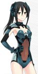  1girl black_eyes black_hair bodysuit breasts cleavage cleavage_cutout closed_mouth date_a_live female hair_between_eyes headgear kusakabe_ryouko kusakabe_ryouko_(date_a_live) leotard long_hair looking_at_viewer mecha_musume medium_breasts ponytail revealing_clothes smile solo standing 