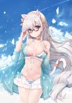  absurdres anastasia_(fate/grand_order) animal_ears artist_name bare_shoulders bikini blue_bikini blue_eyes blue_sky breasts cat_ears cat_tail chinese_commentary cleavage cloud cloudy_sky commentary_request dated day eyes_visible_through_hair fate/grand_order fate_(series) glasses highres long_hair lowleg lowleg_bikini navel ocean ribbon see-through silver_hair skirt sky striped striped_ribbon swimsuit tail yue_(qtxyjiang) 
